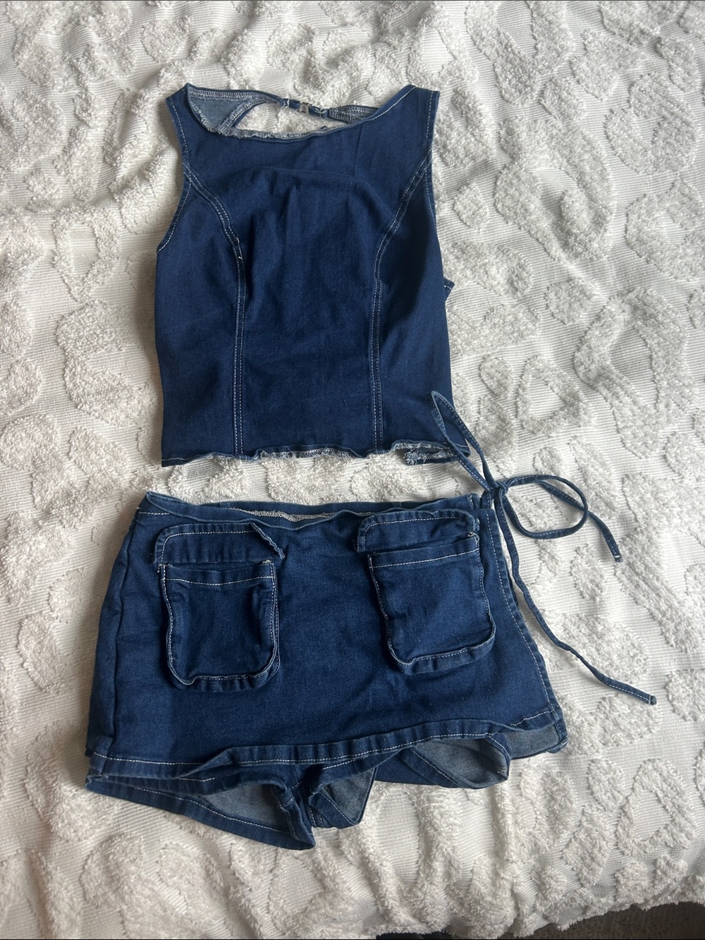 Women’s Navy Blue Denim Crop Tank & Mini Skirt Set